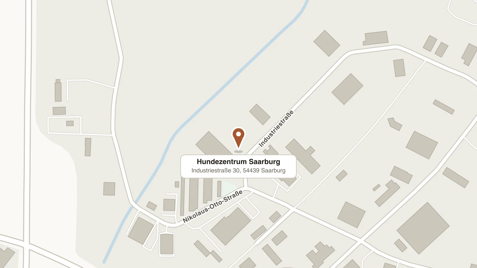 Kartenausschnitt des Gewerbegebiets Saarburg-Beurig mit Marker auf dem Hundezentrum Saarburg, Industriestraße 30